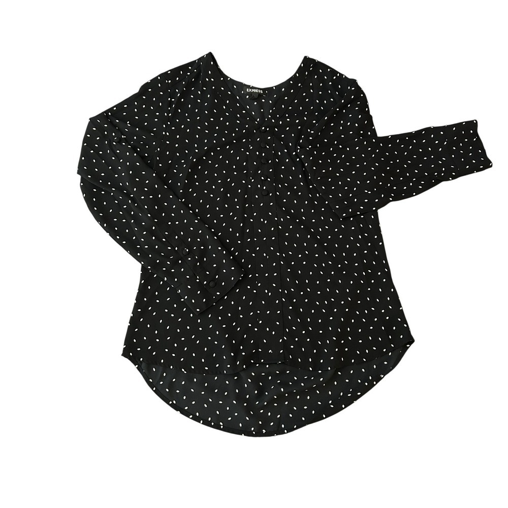 Express Black White Polka Dot V-Neck Button Front High Low Blouse Medium (0469)